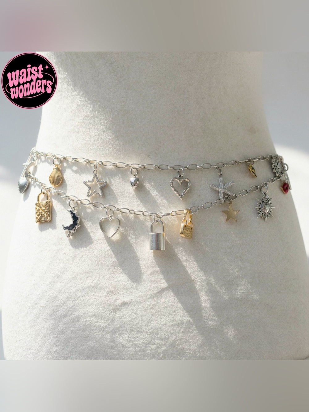 Y2K 2000s style Silver charm waist belt with various charms